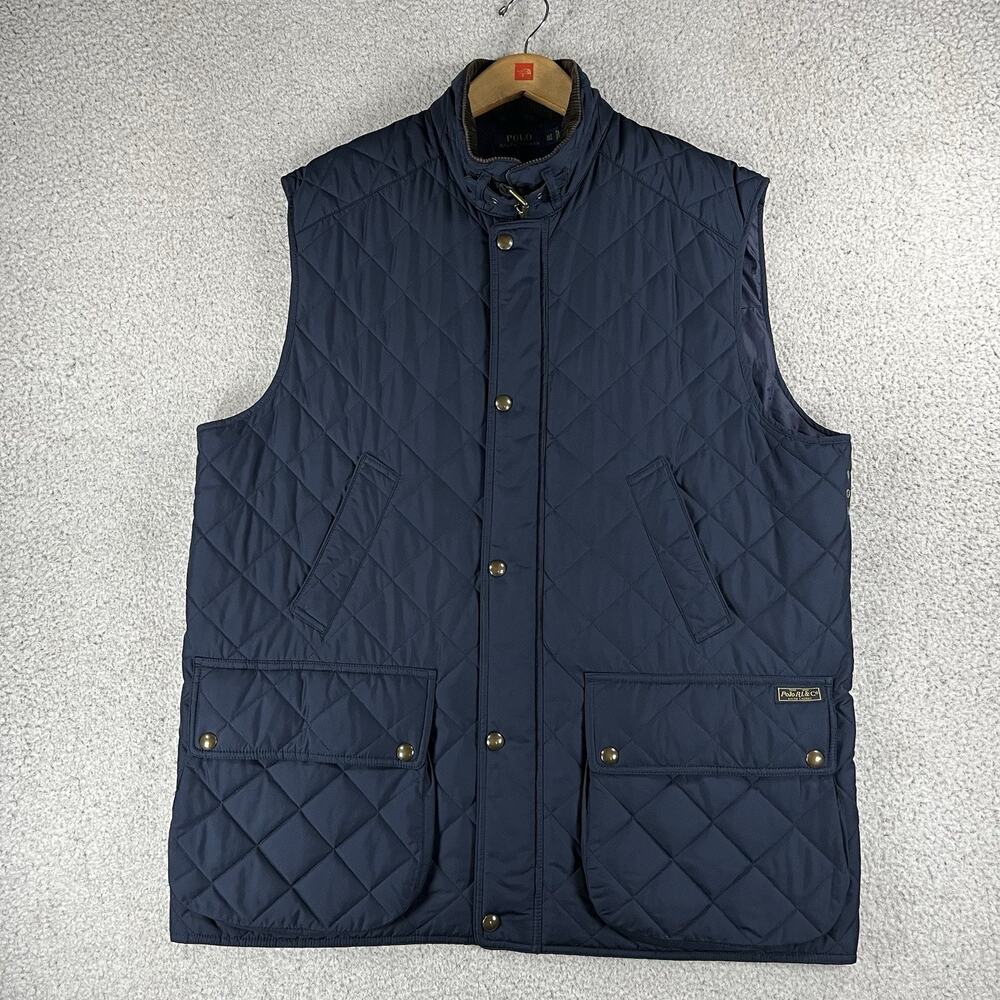 Polo Ralph Lauren Vest Men XL Tall Blue Quilted Full Zip Sleeveless Snap Utility